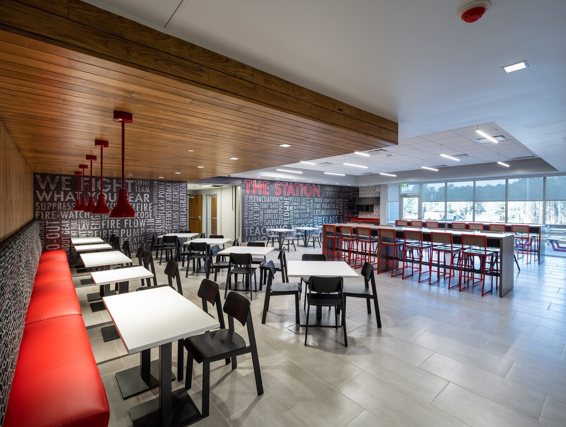 cafeteria with stainless and red trim