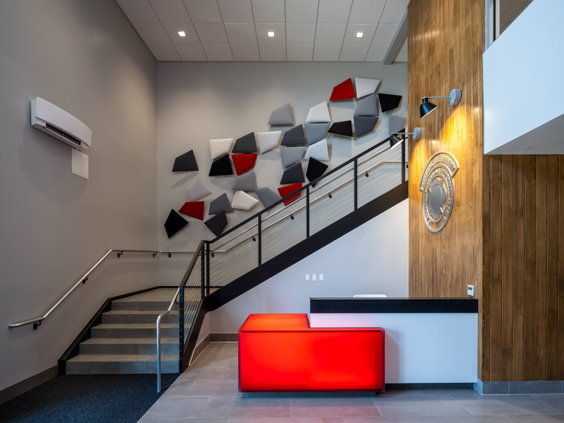stairwell and modular art on the walls